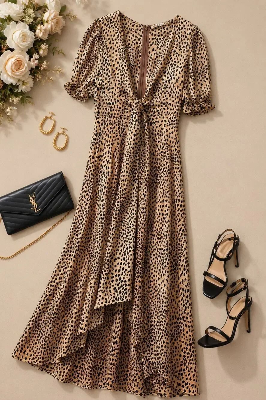 HELLO MOLLY Leopard Print Tie Front Maxi Dress Puff Sleeve Open Back XS